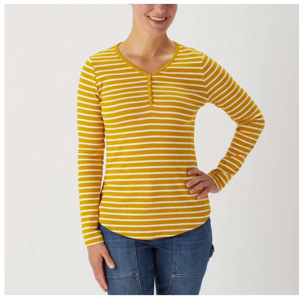 Duluth‎ Trading Co Women's Makers Studio Cotton Rib Henley Yellow Stripe Size XL